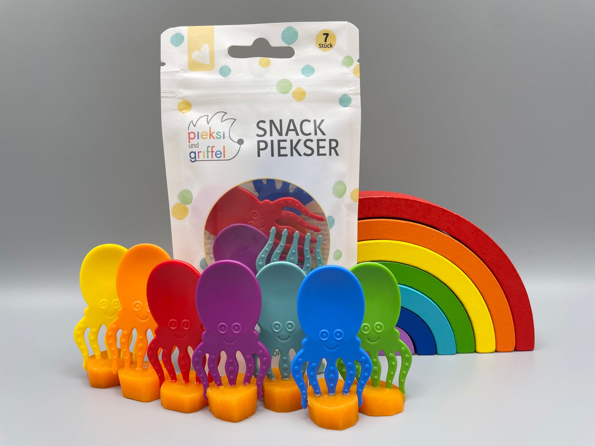 Snack Piekser, Pieksi und Griffel, Obst, Gemüse, Beikost, Baby, Kinder, Oktopus, Tintenfisch, Krake, Regenbogen, Montessori, Feinmotorik, 